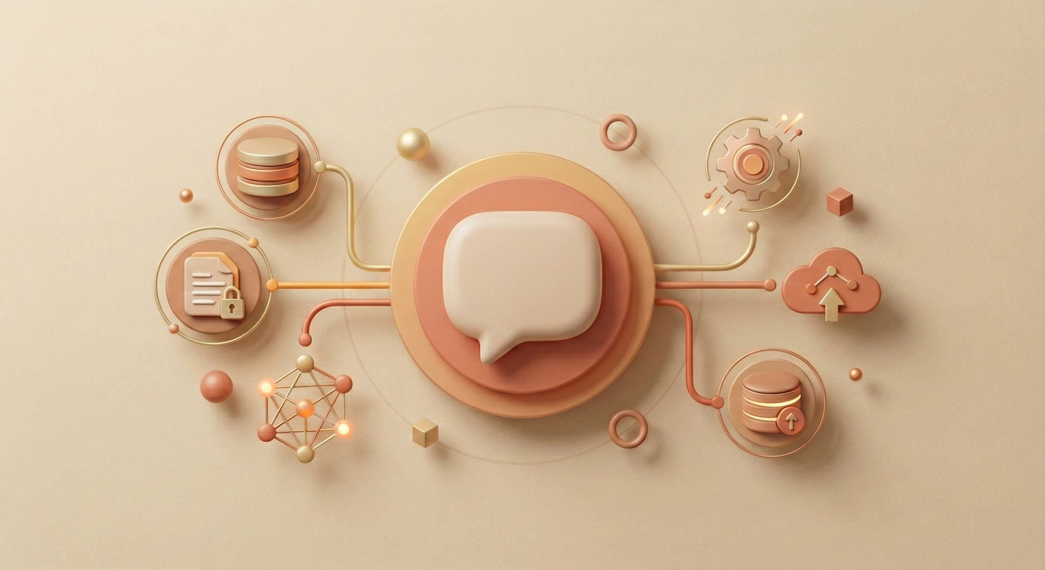 3D illustration showing AI-powered knowledge management ecosystem with chat bubble, database, cloud storage, security lock, and neural network representing Expona 2.0 enterprise AI agent capabilities